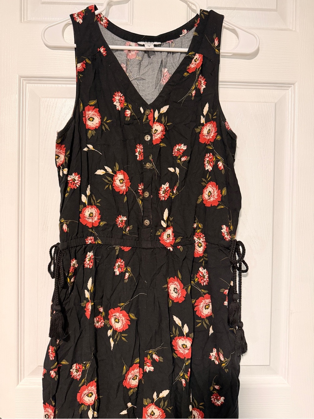 Sonoma Black Floral Button-Front Jumpsuit with Red Blossoms